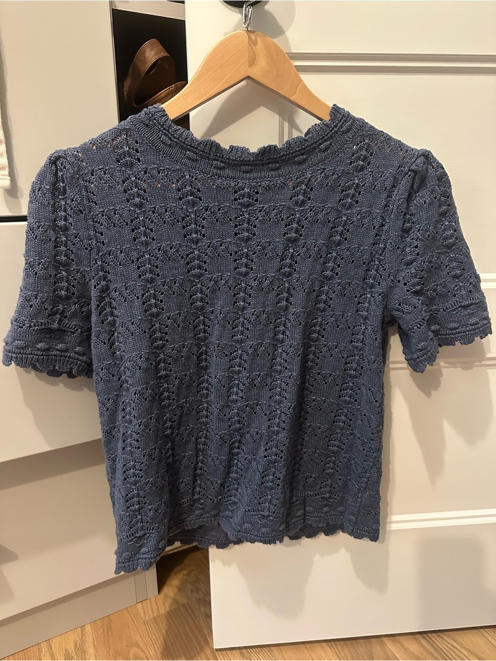 Women's Blue Crochet Pointelle Short-Sleeve Top
